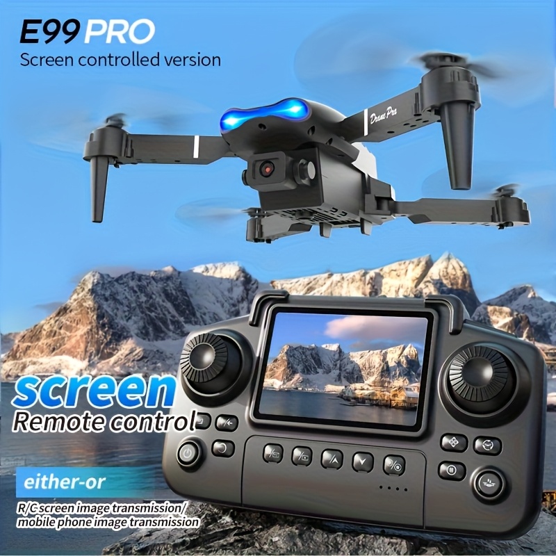 Drone Ae Rc - 2026年型、デュアルカメラ4K HD、画面付きリモコン、2つのバッテリー、40分の飛行時間、ワンキーで帰還、LEDライトを搭載した、折りたたみ式E99 PRO MAXドローン。大人や初心者向けのミニRCクアッドコプター。ブラックフライデーやクリスマスギフトに最適。